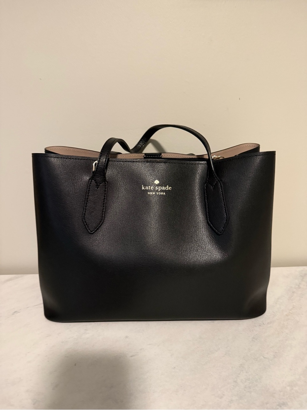 kate spade Black Smooth Leather Tote with Gold Logo